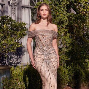 NEW LONG FORMAL OFF SHOULDER SHEATH BEADED GOWN W/ STRAIGHT ACROSS NECK CD A1353
